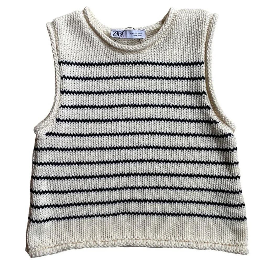 Zara Knit Nautical Stripe Sweater Vest Roll Neck French Girl Top Sz Small
